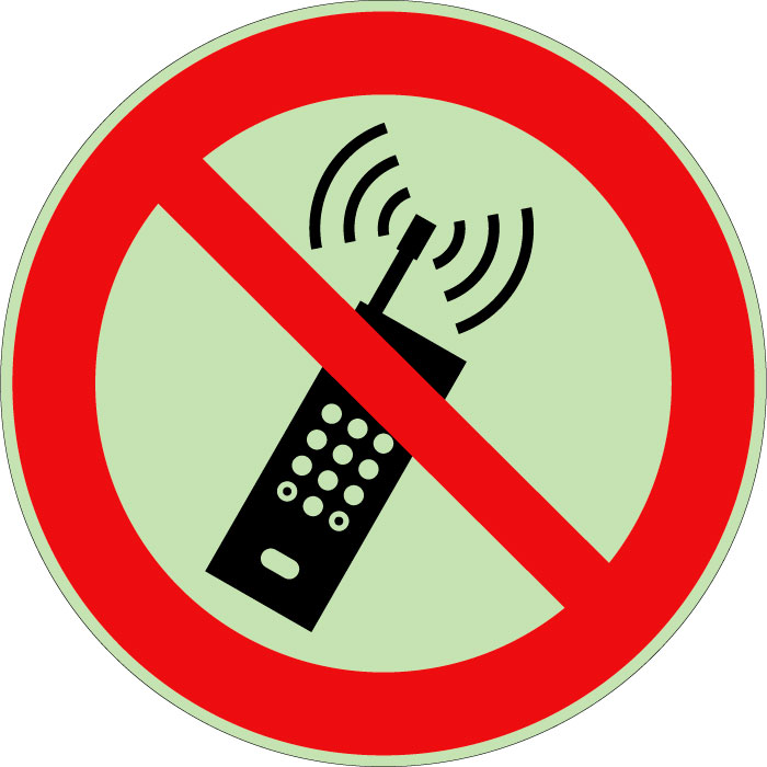 Panneau interdiction d'activer des téléphones mobiles photoluminescent