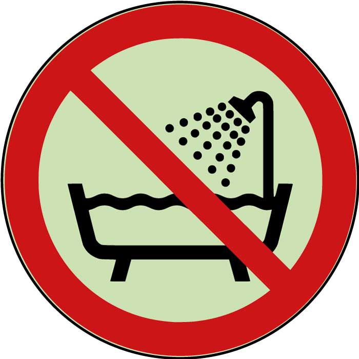 Panneau interdit d’utiliser ce dispositif dans une baignoire, une douche ou dans un réservoir rempli d'eau photoluminescent