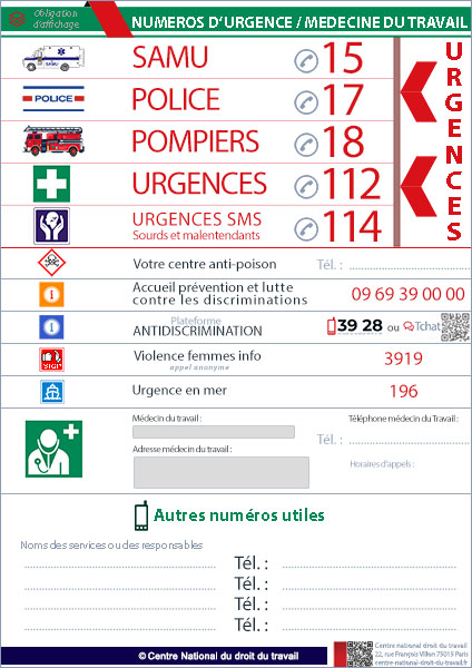 Affichage numéros d'urgence en entreprise
