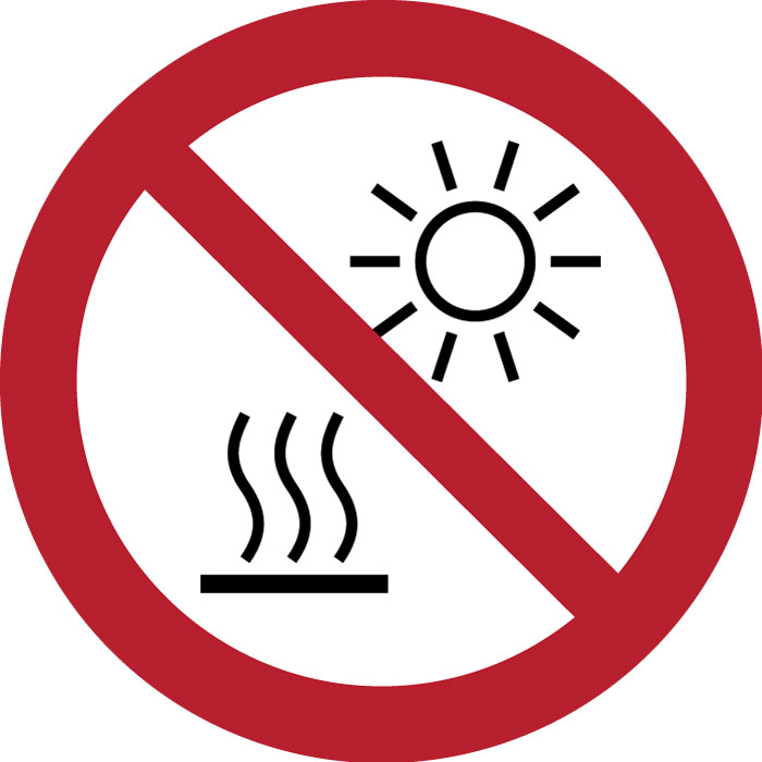 Pictogramme Ne pas exposer à la lumière directe du soleil ni à une surface chaude