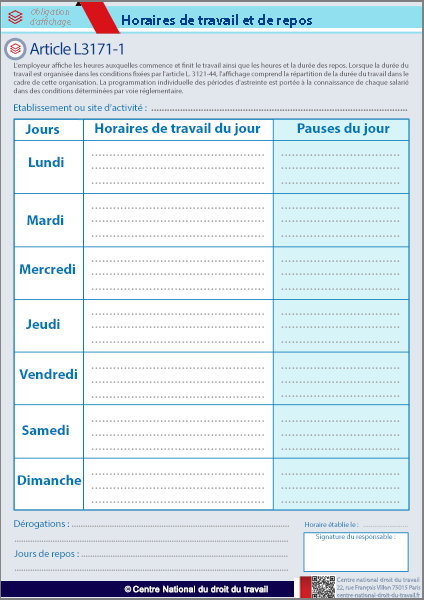 Affichage Horaires collectifs de travail