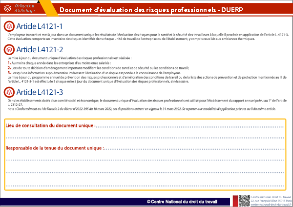Affichage modalités d'accès au document unique d'évaluation des risques professionnels - DUERP
