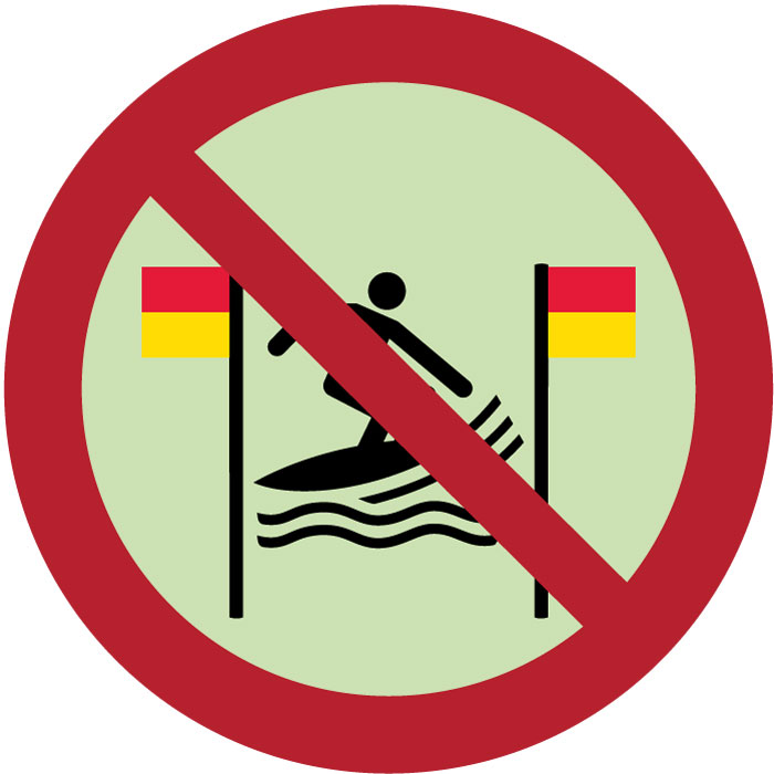  Panneau Pratique du surf interdite entre les drapeaux rouges et jaunes photoluminescent