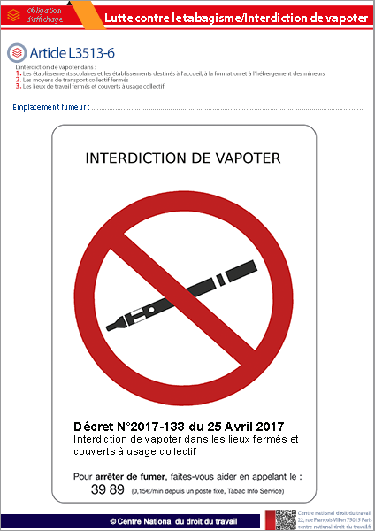 Affichage Interdiction de vapoter
