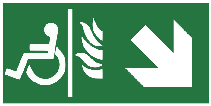 Pictogramme Évacuation espace attente sécurisé -flèche bas droite