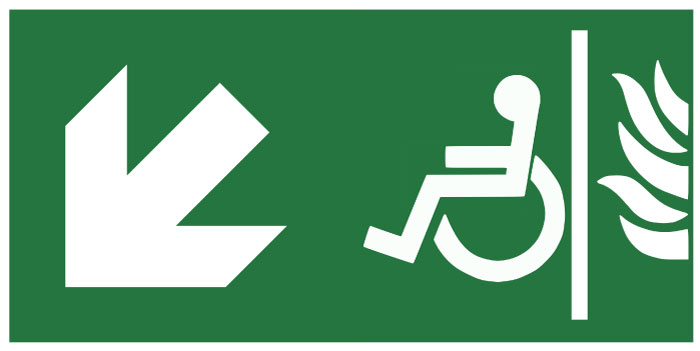 Pictogramme Évacuation espace attente sécurisé -flèche bas gauche