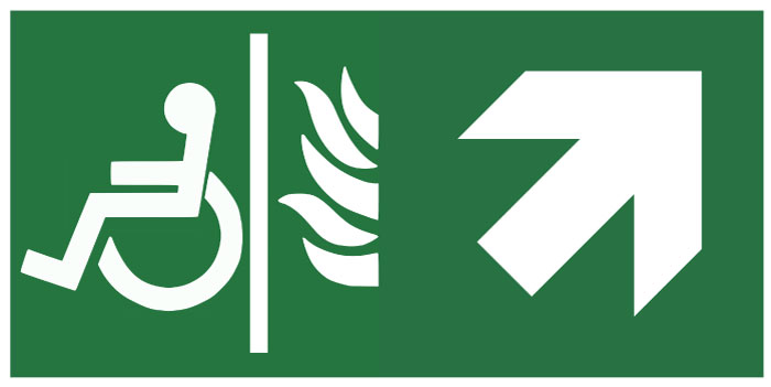 Pictogramme Évacuation espace attente sécurisé -flèche haut droit

