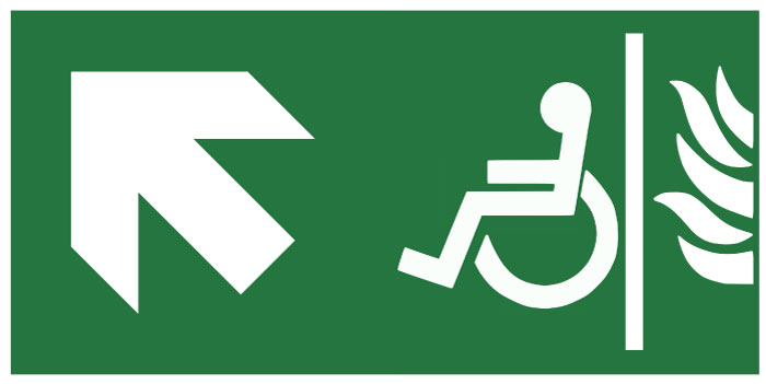 Pictogramme Évacuation espace attente sécurisé -flèche haut gauche

