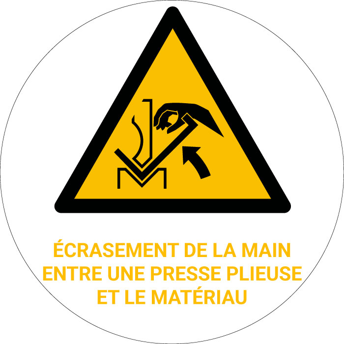 Panneau pictogramme  Écrasement de la main entre une presse plieuse et le matériau
