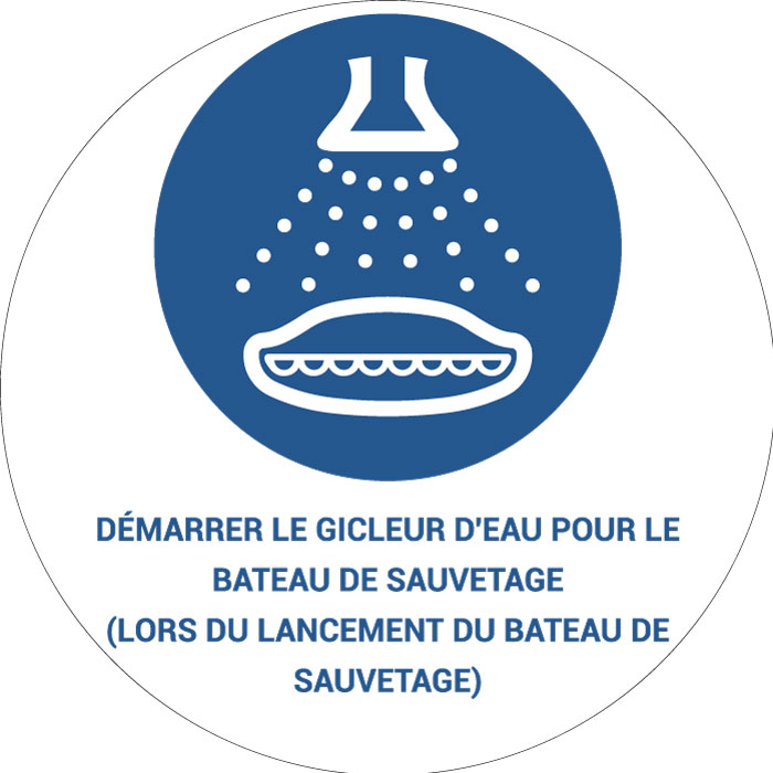 Panneau pictogramme Démarrer le gicleur d'eau pour le bateau de sauvetage (lors du lancement du bateau de sauvetage)
