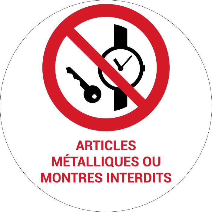 Panneau pictogramme Articles métalliques ou montres interdits
