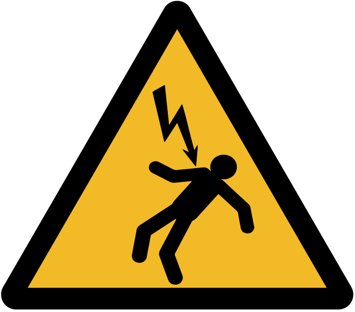 Panneau
danger électrocution - Triangle jaune avec éclair noir
électrocutant une personne tombant en arrière.