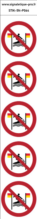 Autocollants  Pratique du surf interdite entre les drapeaux rouges et jaunes - P064 norme iso 7010 – par Lot de 5
