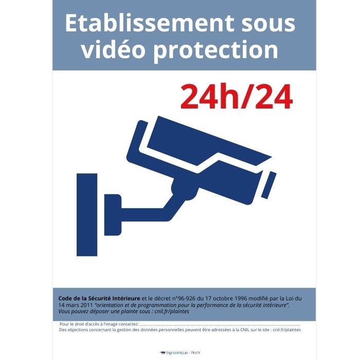 "Panneau d'Information Conforme : Établissement Sous Vidéo Surveillance 24/7 - Vigilance et Confidentialité Assurées"