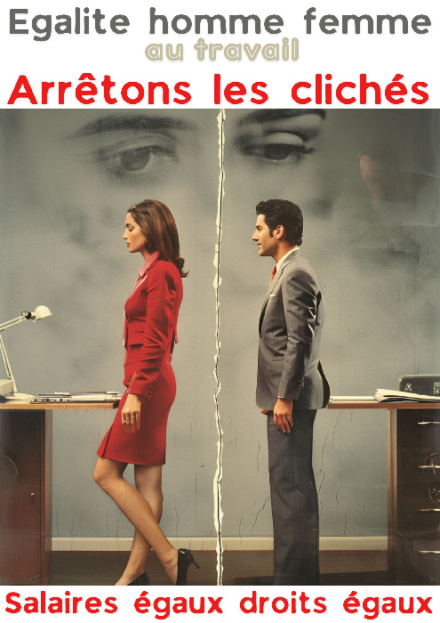 Affiche prévention égalité homme femme style americain office de 1980